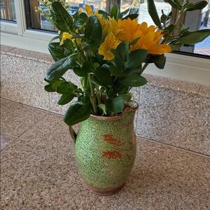 ceramic pottery jug Wear is VTG w/ speckled green glaze and rustic, hand-painted